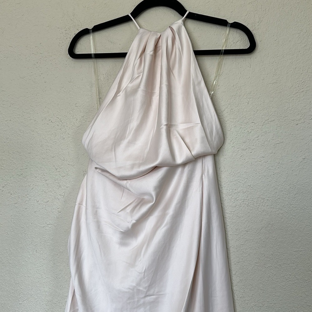 House of CB Zanab Cream Thigh High Slit Halter Satin Strappy Back Maxi NWOT XS‎ - Picture 8 of 10
